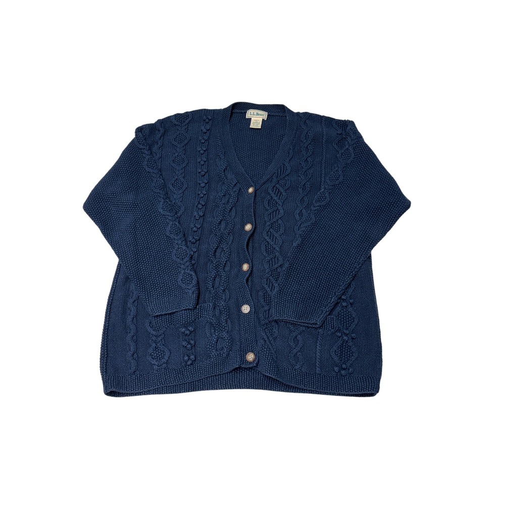 LL Bean Navy Blue Cable Chunky Knit Cardigan Sweater Cotton Wool Blend Womens L
